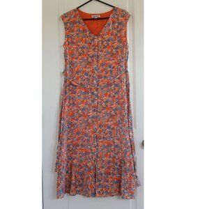 Nanette Lepore Floral Orange Ruffle trim Button Front Midi Dress Size 8 NWOT